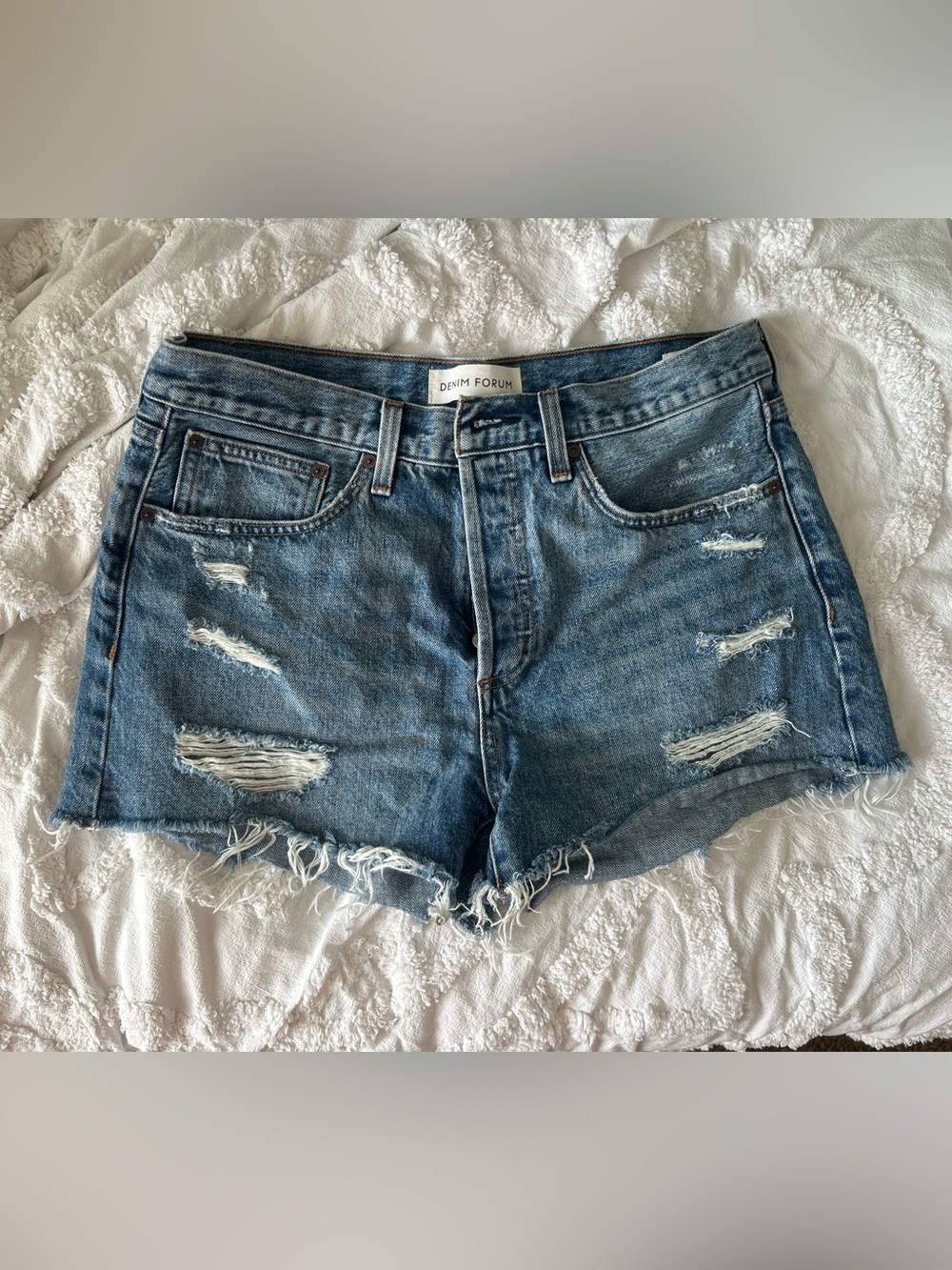 Denim Forum Distressed High-Rise Jean Cutoff Shorts (Ex Boyfriend Short)